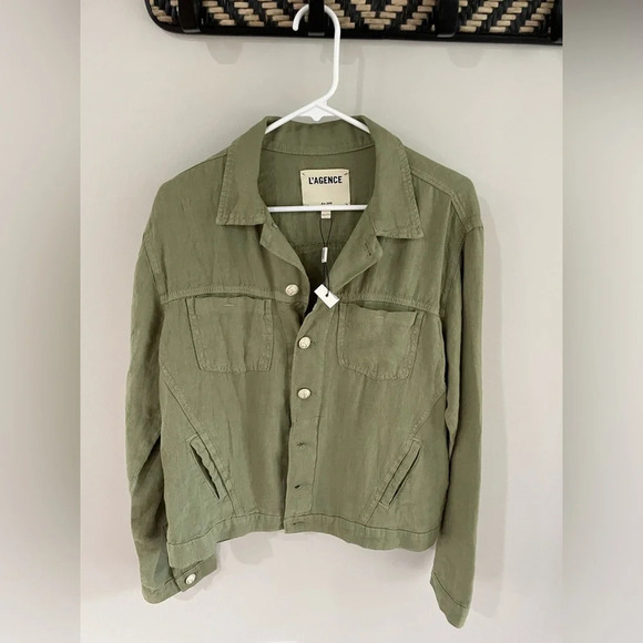 L'AGENCE Celine Slim Linen Utility Jacket - Sage Green - XXL - Picture 10 of 15